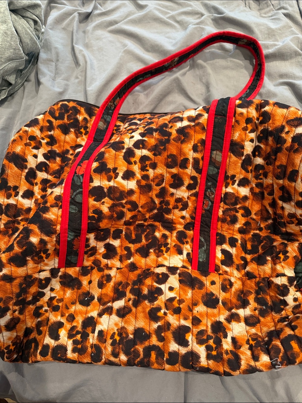 Zara Leopard & Floral Quilted Tote with Red Handles - Picture 2 of 3